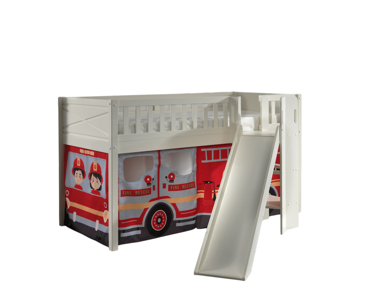 Spielbett SCOTT - weiß - Fire Rescue - mit Rutsche, Vorhang und Leiter - 90x200 cm