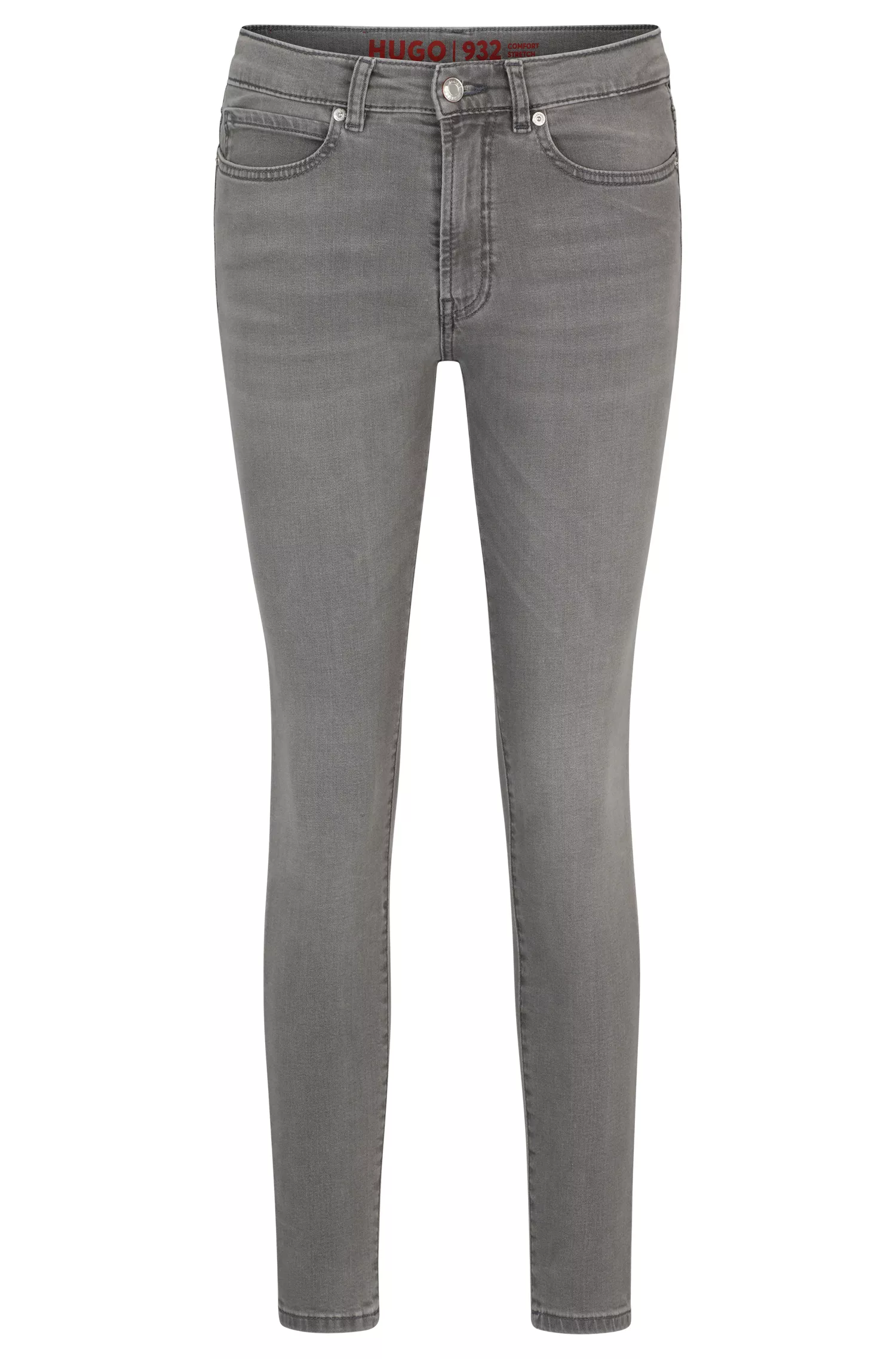 Calça jeans HUGO vermelha, extra slim fit, em denim stretch cinza.