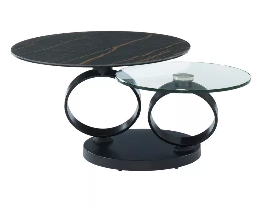 Table basse avec plateaux pivotants en céramique, verre trempé et métal - Effet marbre noir - JOLINE de Maison Céphy