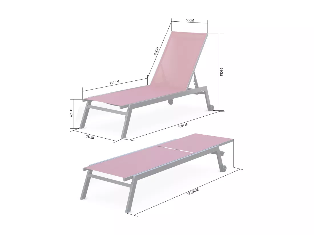 Lot de 2 bains de soleil ELSA en aluminium blanc et textilène gris. transats multi positions avec roulettes