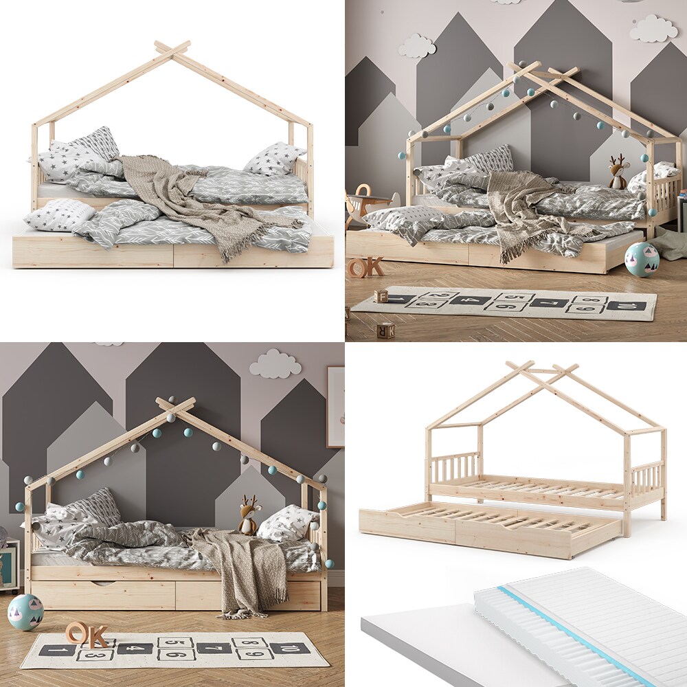 VitaliSpa Kinderbett Hausbett Gästebett Design Lattenrost 90x200 Matratze Natur