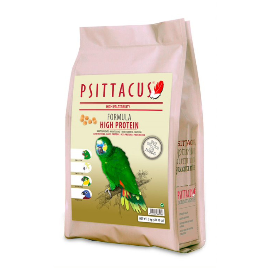 Alimento Psittacus com alto teor de proteína para papagaios.
