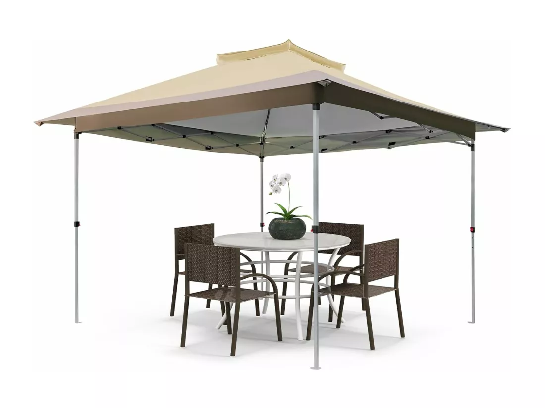 Tonnelle de Jardin Instantanée Double Toit 360X360CM, Tente Réception avec Dessus Ventilé Sac de Transport à roulettes, Tonnelle à Ouverture pour Fête Camping BBQ, Kaki