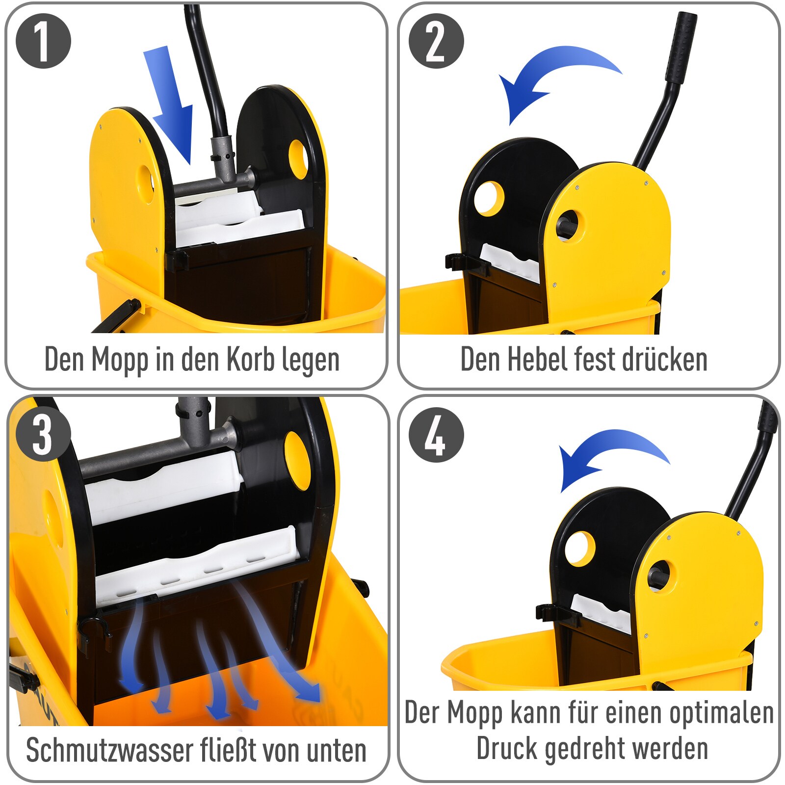 HOMCOM Wischwagen mit Auswringvorrichtung gelb 44 x 36 x 90 cm (LxBxH)