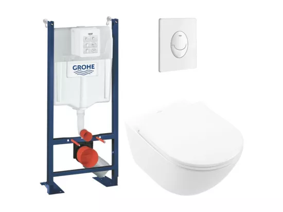 Lot WC modèle suspendu VILLEROY ET BOCH Universo TwistFlush blanc CeramicPlus + bâti et plaque blanche GROHE