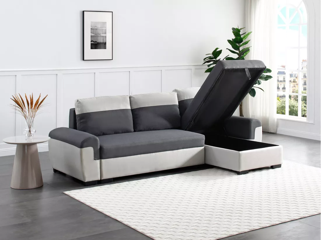 Canapé d'angle réversible et convertible en tissu anthracite et gris clair GABY II