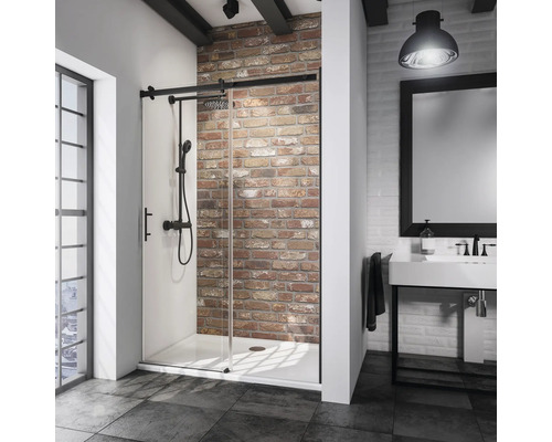 Douchedeur in nis met schuifdeur SCHULTE Alexa Style 2.0 ExpressPlus 120 cm profiel zwart helder glas vuilafstotende glascoating omkeerbaar