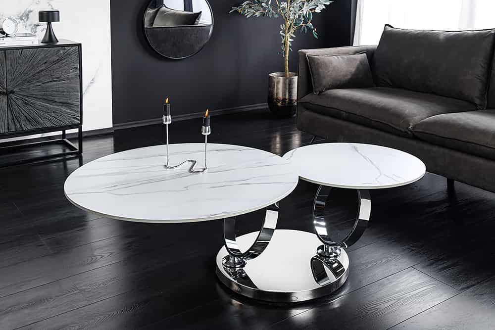 Design Couchtisch DANCING RINGS weiß rund drehbar Marmor Keramik Chrome Gestell