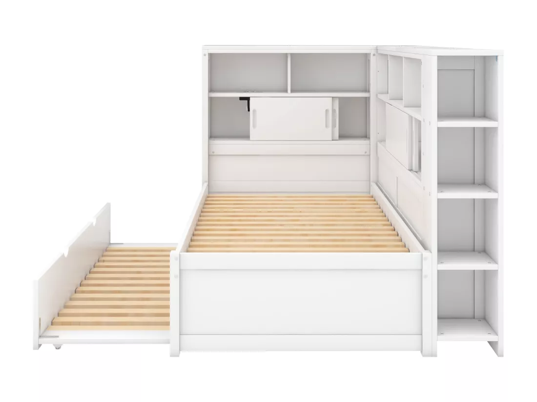 Lit gigogne 90 x 190/200 cm avec tête de lit - Placards de rangement et Prises USB - Panneaux de particules+MDF - Blanc (sans matelas)