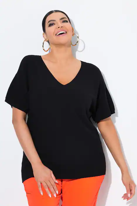 Pullover, Rippstruktur, V-Ausschnitt, Halbarm, schwarz