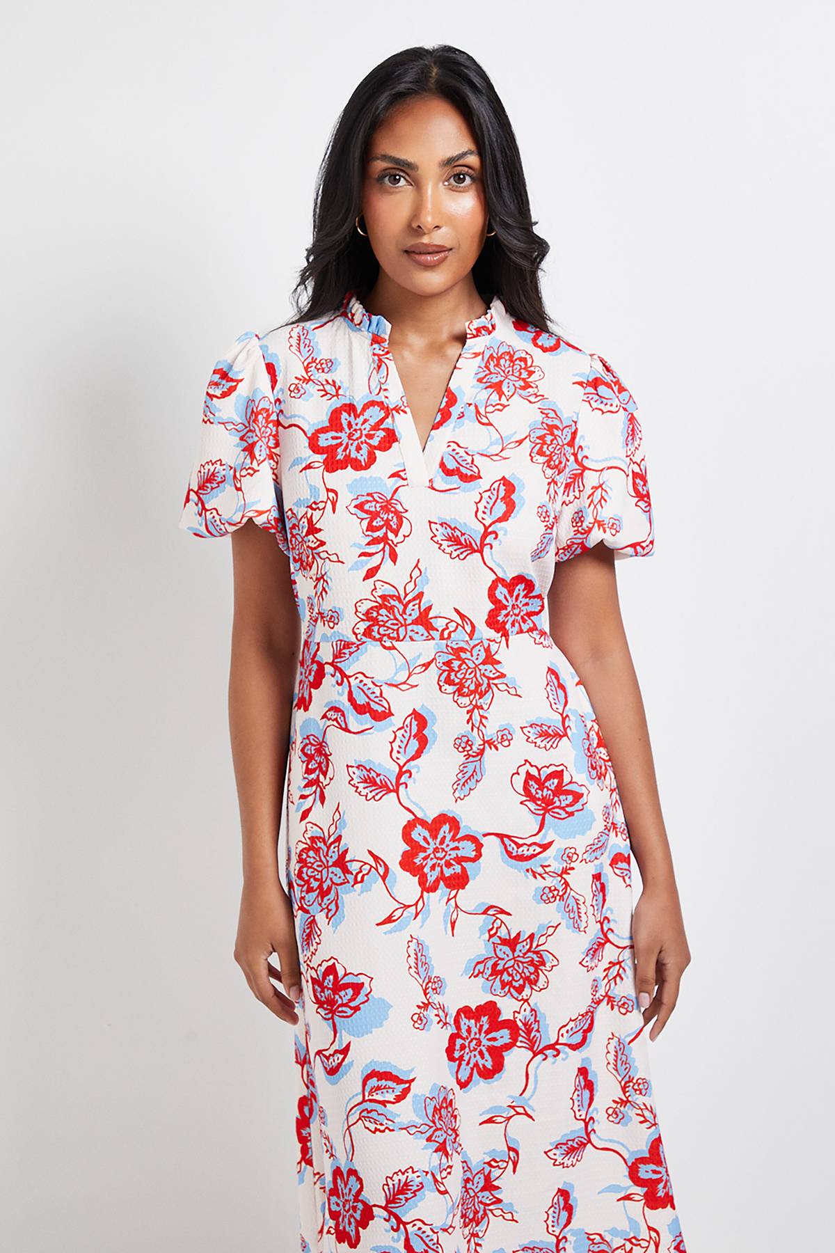 Wallis Robe Midi Froncée à Motif Floral en Gaufre Petite Taille