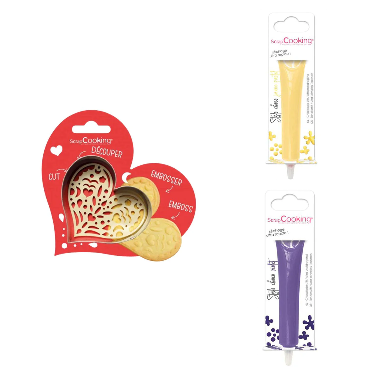 Kit pour biscuit en relief Coeur + 2 Stylos au chocolat jaune pastel e