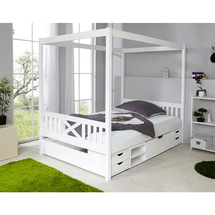 TiCAA Himmelbett Lino weiß mit 4 Funktionsschubladen