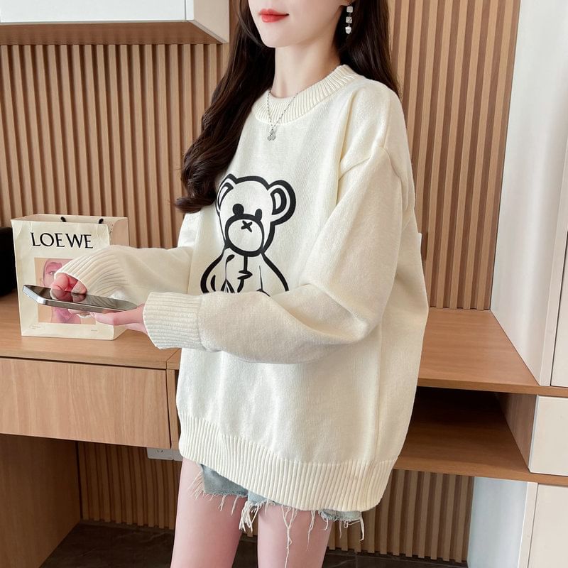 Jewie - Oversized trui met ronde hals en berenprint