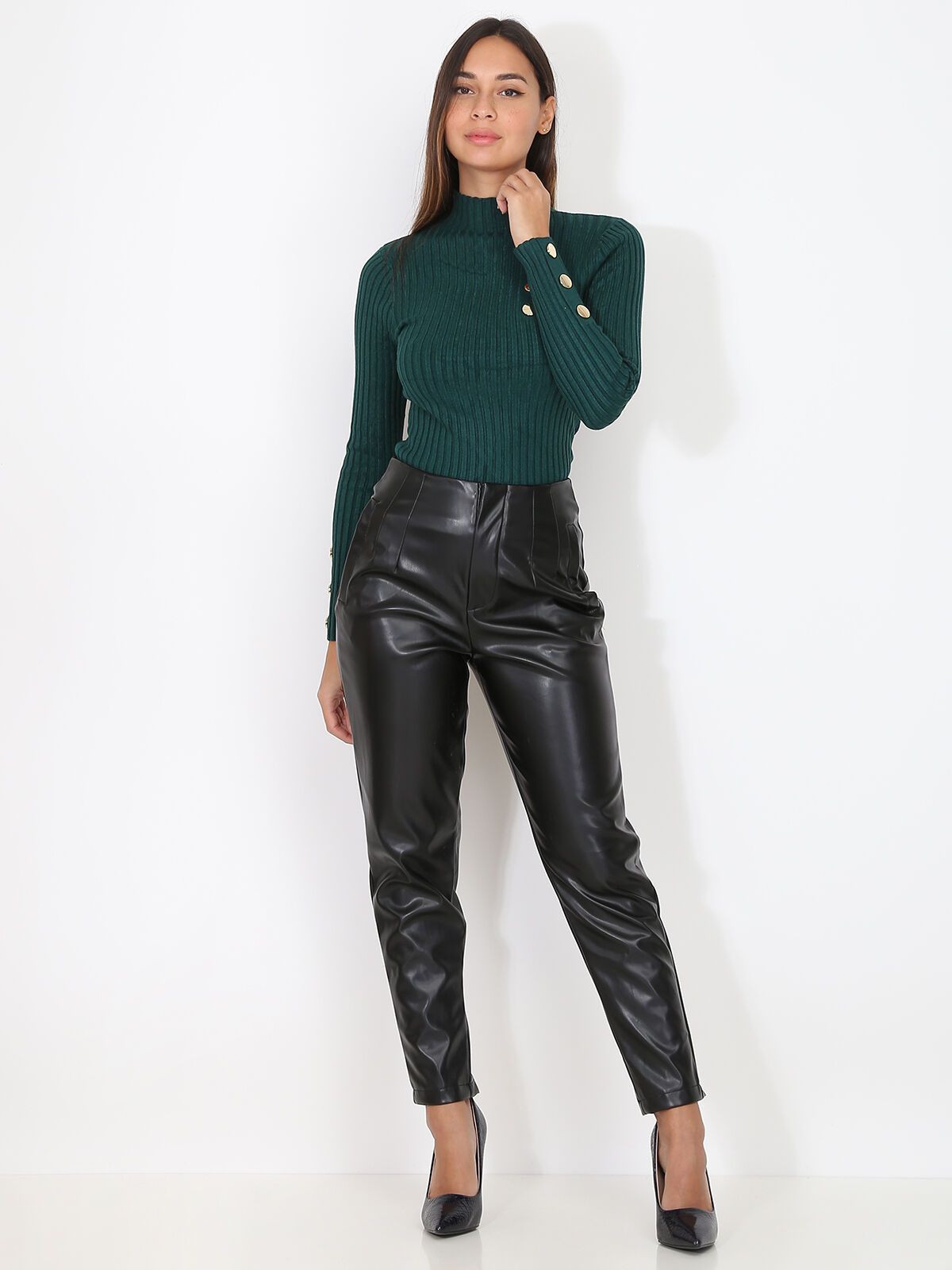 Pantalon à pinces en simili- Noir