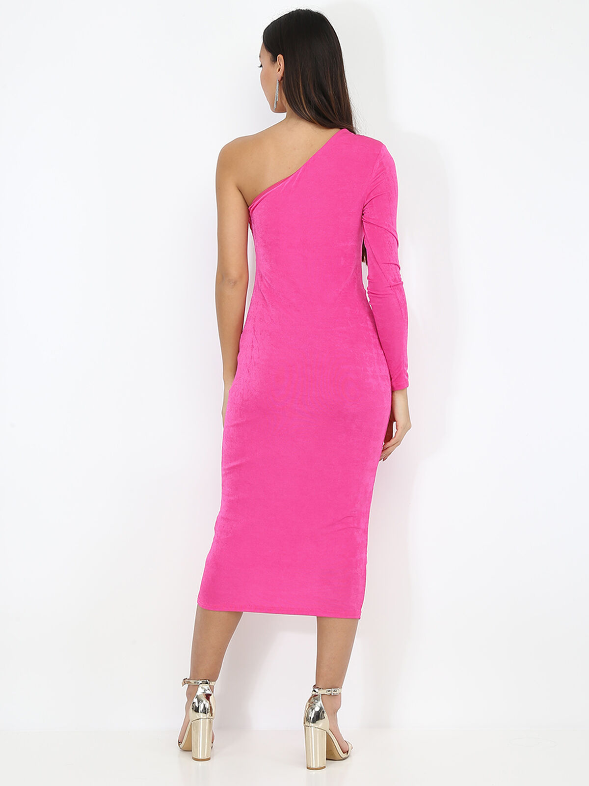 Robe asymétrique moulante à fronces- Fuchsia