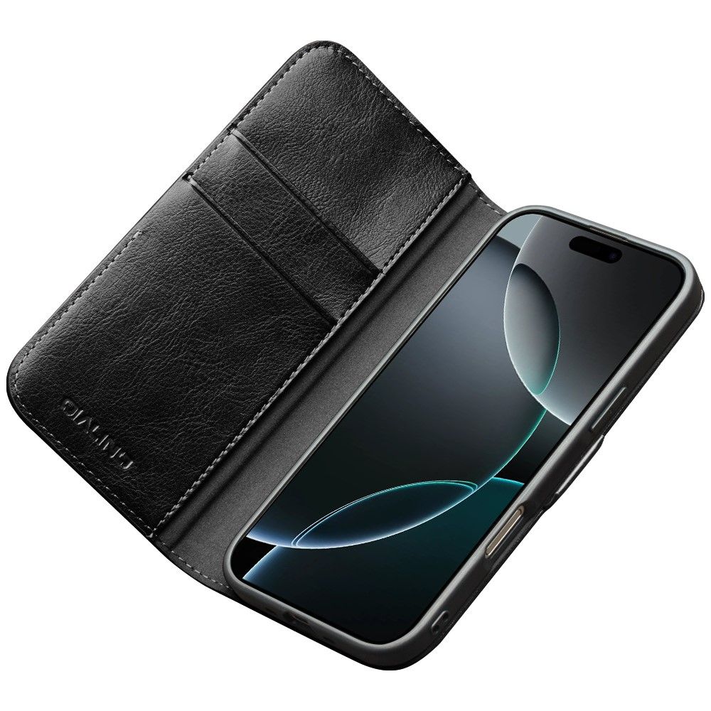 iPhone 17 Pro Max Echtleder Tasche Flip Cover mit Kartenfächer - Schwarz