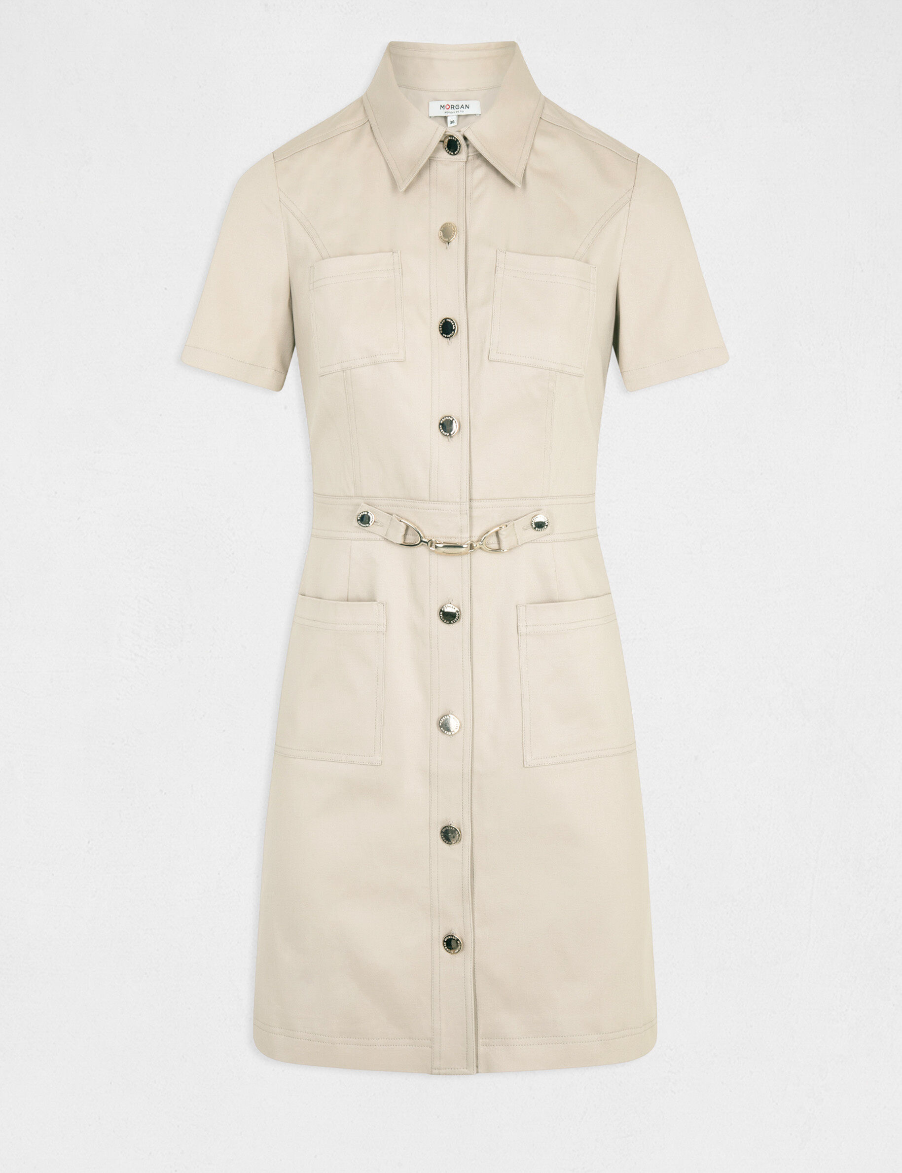 Robe trapèze boutonnée avec boucle beige femme - beige