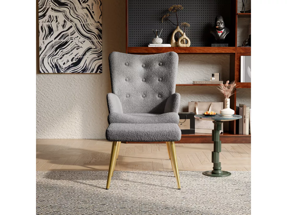 Ensemble 2 pièces, ensemble de chaises sherpa avec tabouret, design élégant, Gris foncé