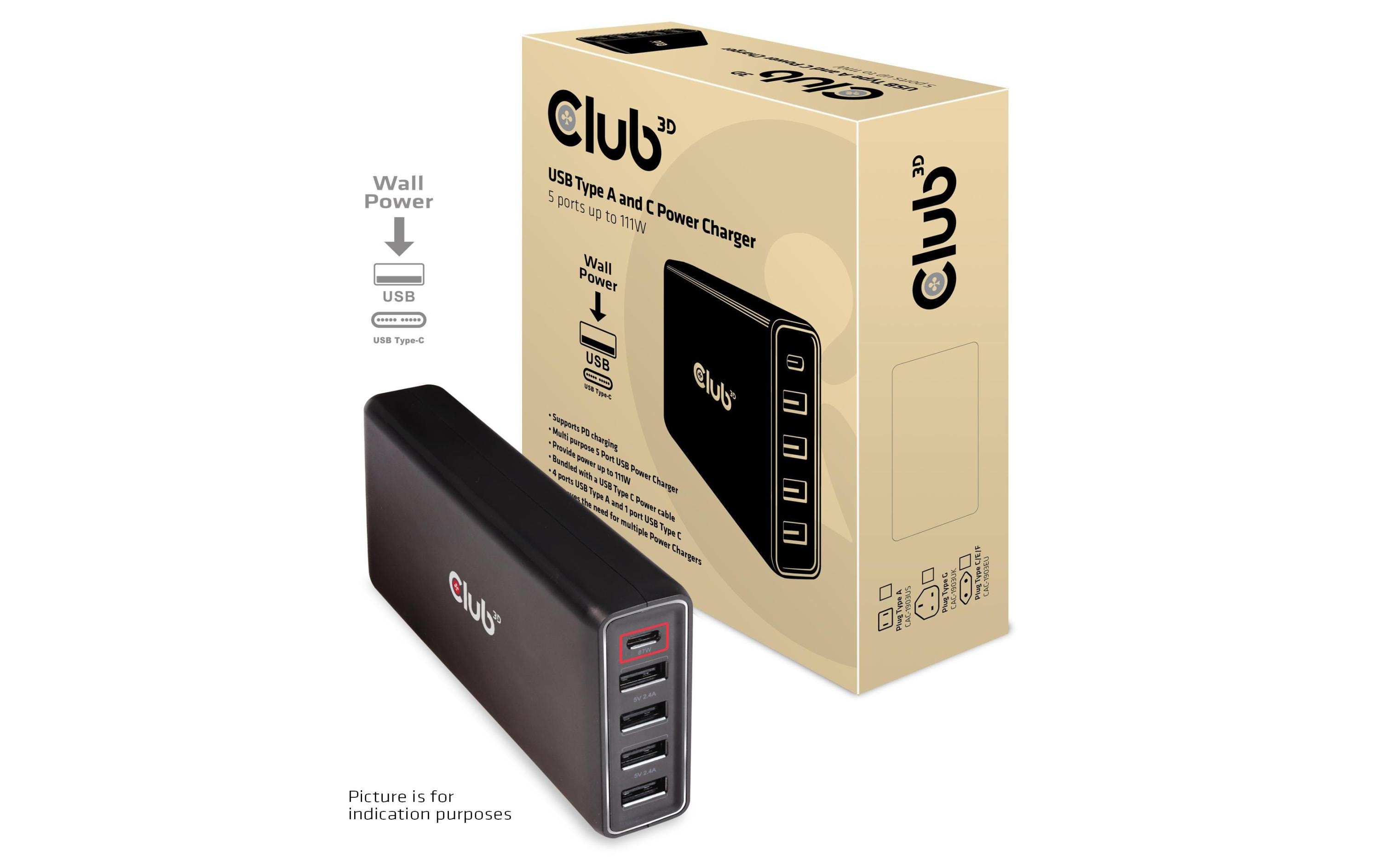 USB-Wandladegerät USB Typ C PD 111W111W, 4x USB Typ A, 1x USB Typ C