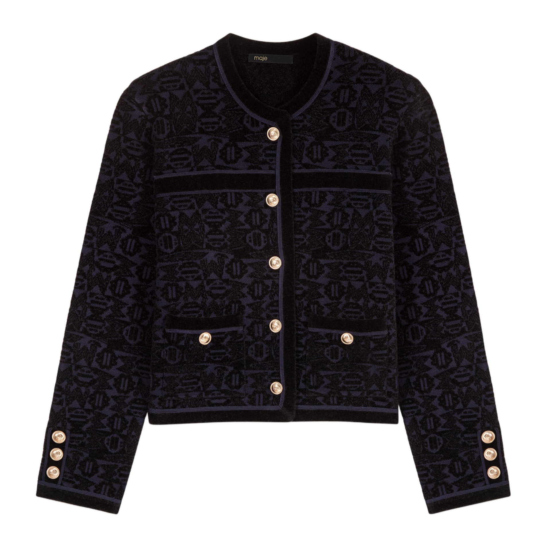 Cardigan col rond droit en jacquard imprimé | Noir