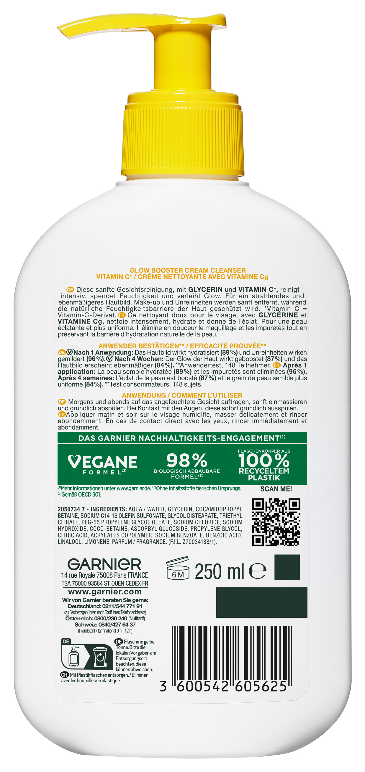 GARNIER Glow Booster Cream Cleanser Creme Vitamin C 250 ml