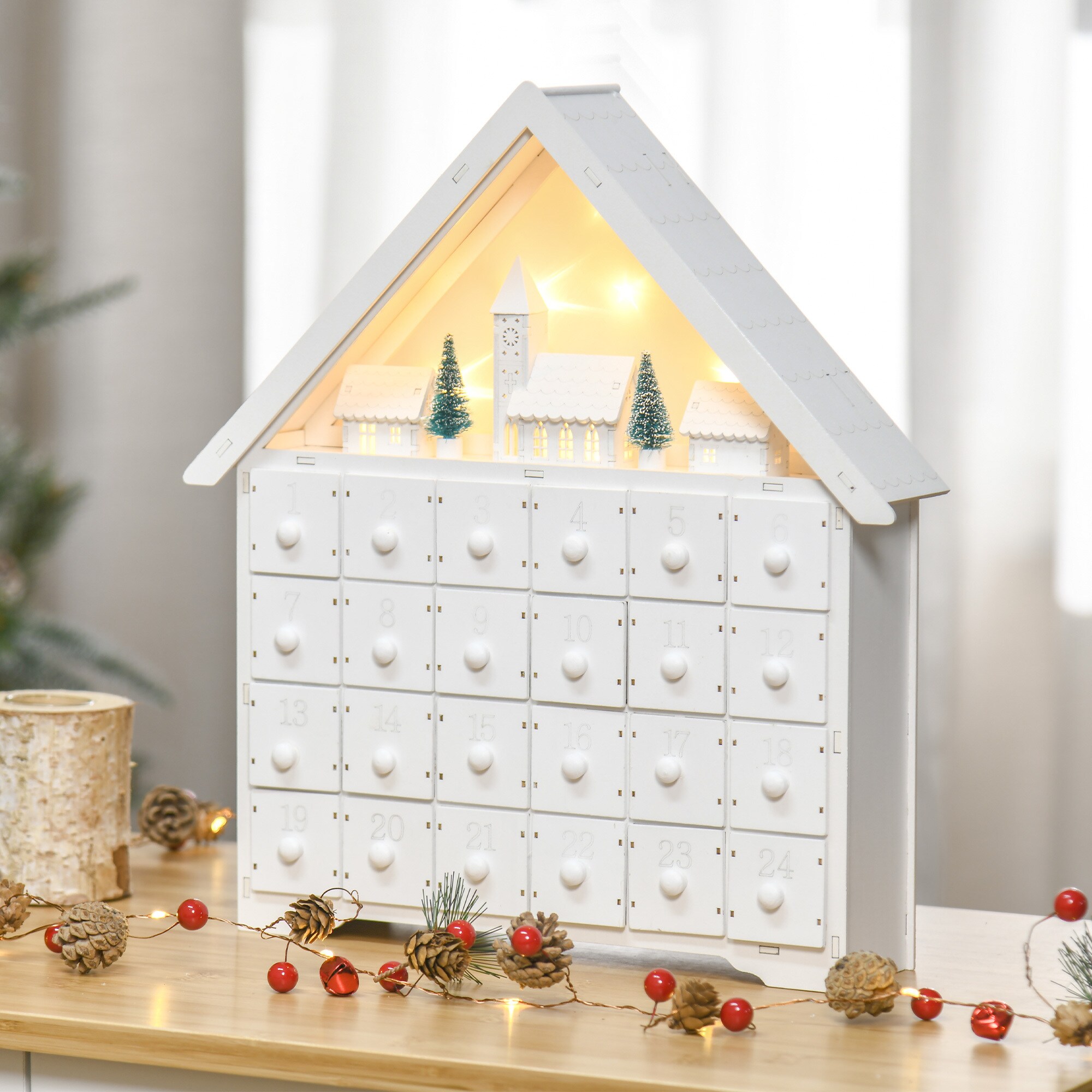 HOMCOM Adventskalender mit LED Lichtern und kleinem Dorf weiß 39B x 9T x 42H cm
