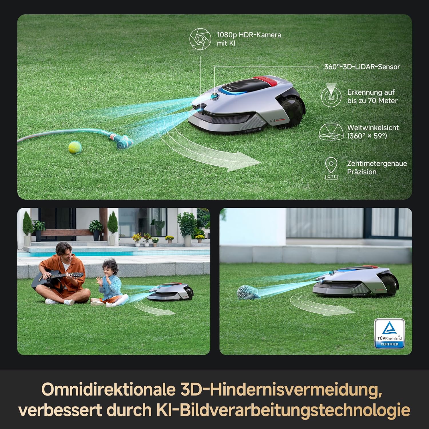 Dreame Mähroboter A2 1200,Auto-Begrenzungseinrichtung, Dual-Fusion-Kartierung, OmniSense™-2.0-Hindernisvermeidung, EdgeMaster™-Schneidsystem, Leiser Nabenmotor, Steigung bis 26,5°, Smart-App-Steuerung