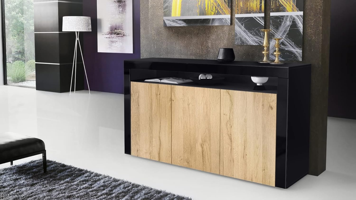 Vladon Sideboard Valencia, Made in Germany, Kommode mit 3 Türen und 1 offenem Fach, Schwarz matt/Eiche Natur/Schwarz Hochglanz (155 x 92 x 40 cm)