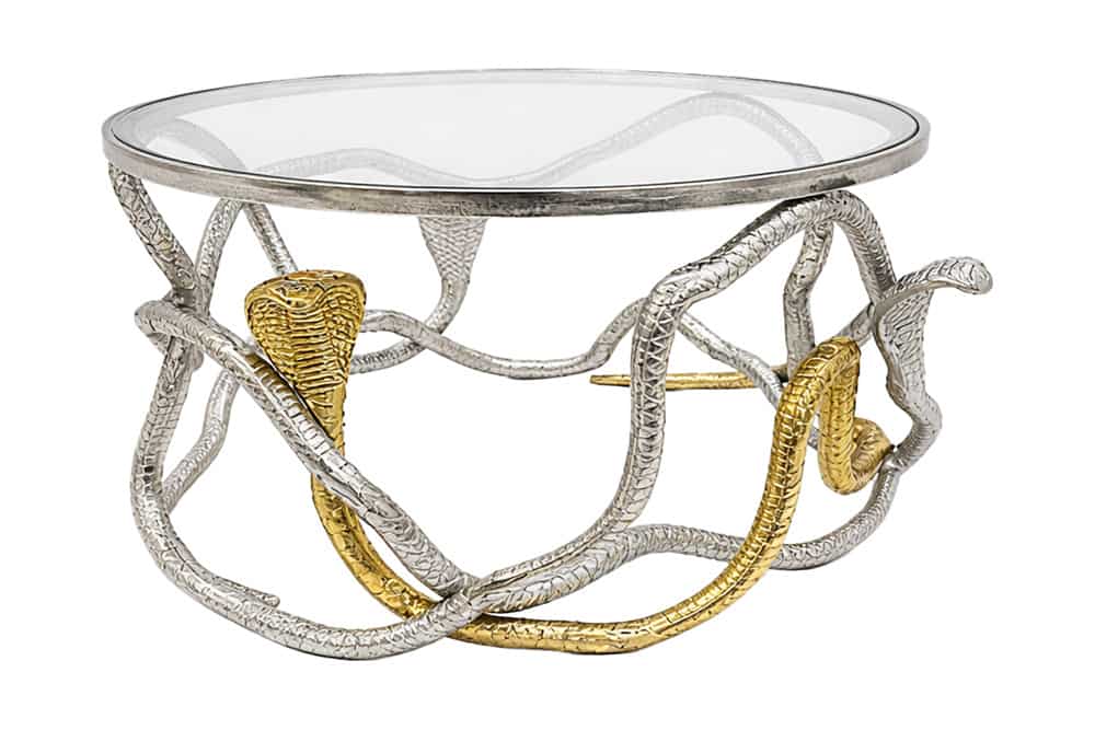 Runder Couchtisch SNAKE 70cm gold silber Metall Schlangen-Skulptur Glasplatte