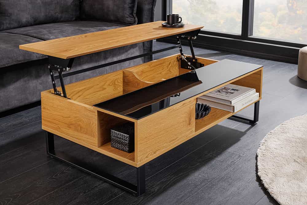 Höhenverstellbarer Couchtisch APARTMENT 110cm natur Eiche schwarz Metall Stauraum