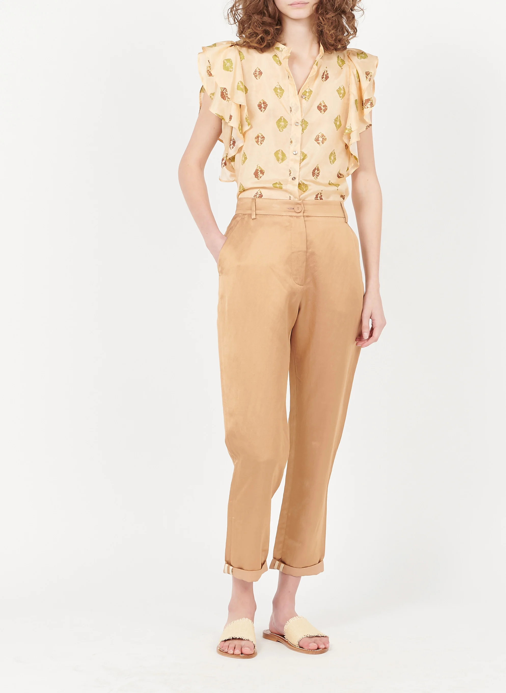 DIANA - Pantalon droit taille haute satiné | Marron