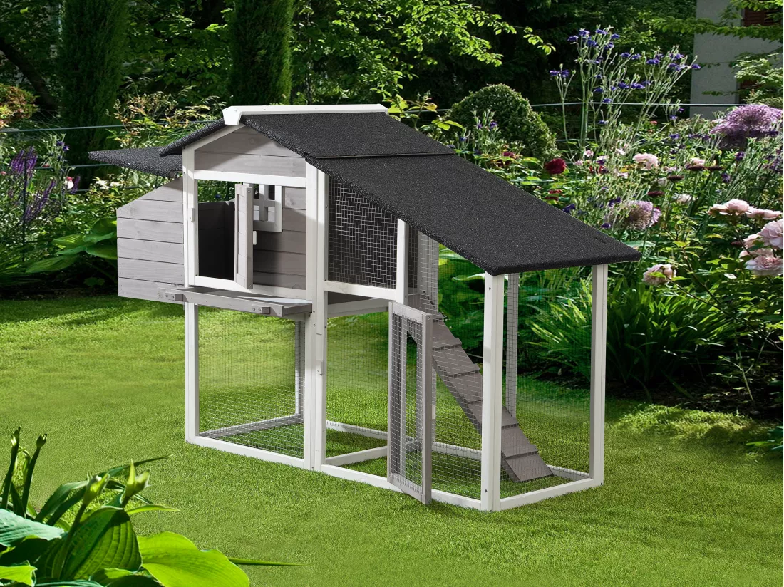 Poulailler en bois avec enclos - 4 poules - L. 173 x P. 64 x H. 108 cm - Blanc et gris - LEVAS