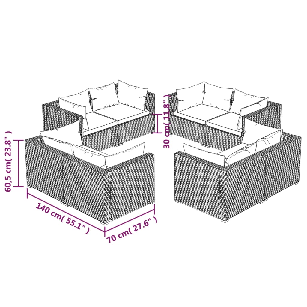 Salon de jardin meuble d'extérieur ensemble de mobilier 8 pièces avec coussins résine tressée marron