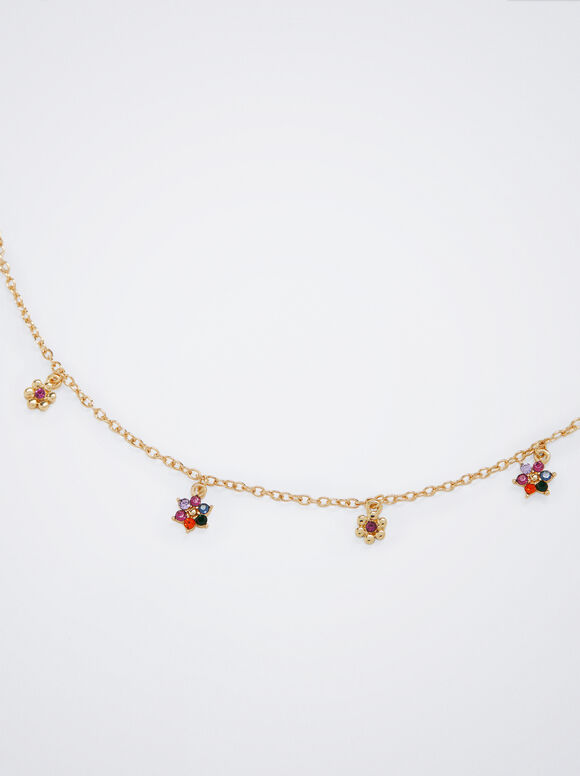 Colar com flores e cristais - Multicolorido