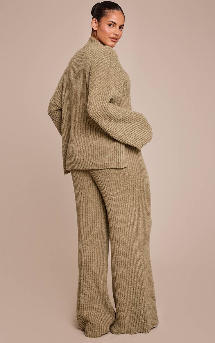 Kaki Pantalon Large En Maille Bouclée Côtelée Grande Taille