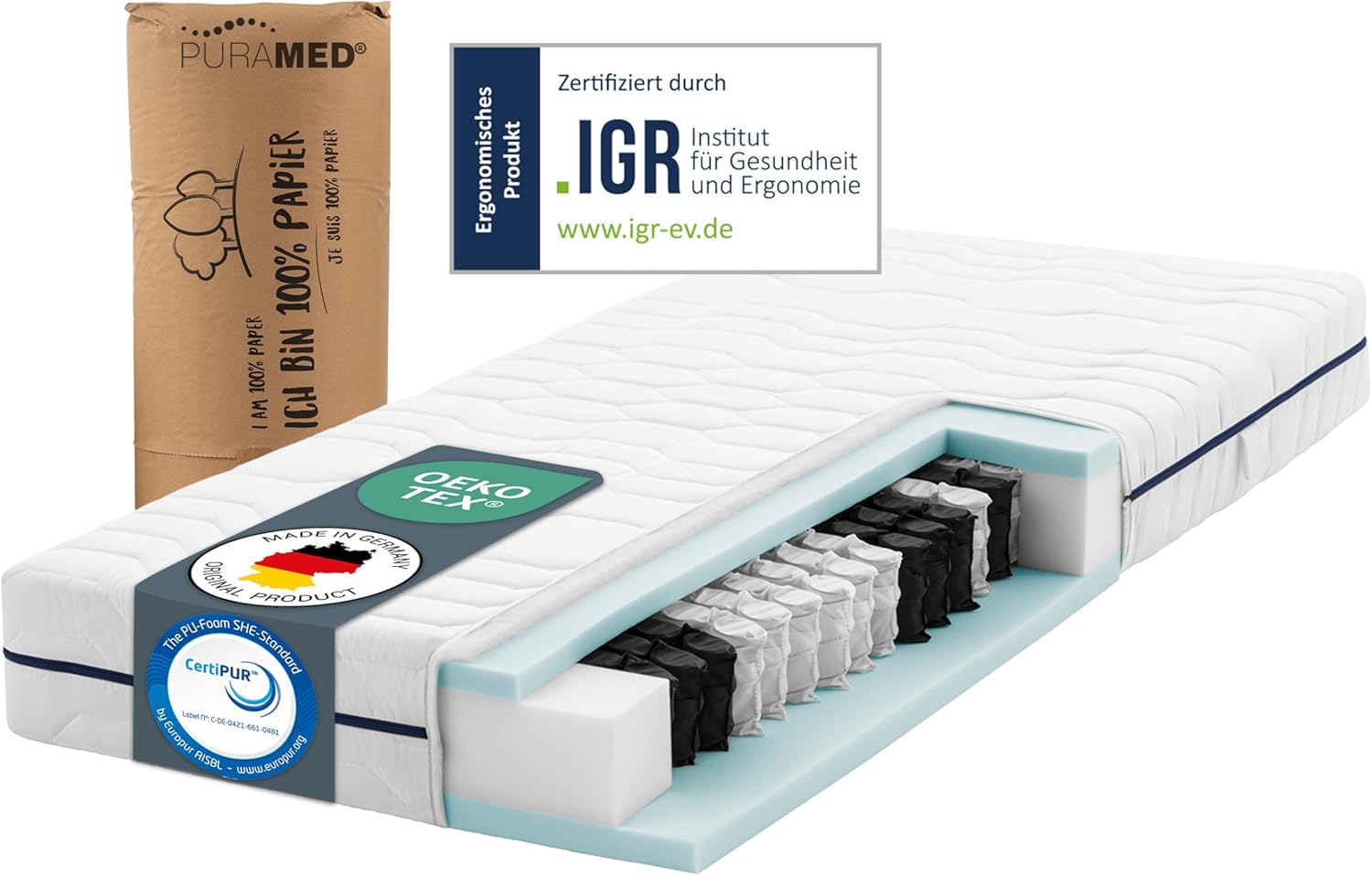 Taschenfederkernmatratze 100x200 cm | Härtegrad H2 | Höhe 20 cm | ergonomische 7-Zonen Matratze | waschbarer Mikrofaser-Bezug | Oeko-TEX® & CertiPUR Zertifiziert | produziert in Deutschland