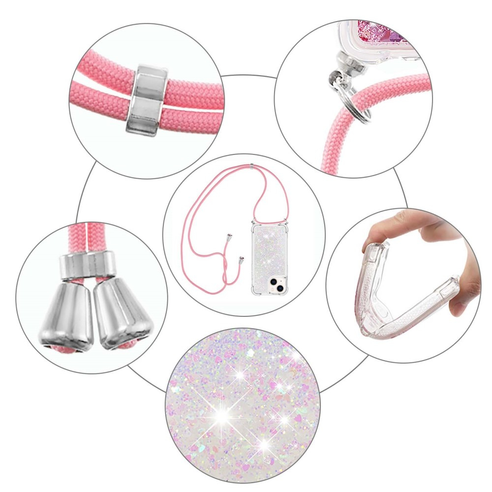 iPhone 15 Necklace Gummi Hülle Liquid Glitzer   Handykette (130cm) - Rosa / Silber