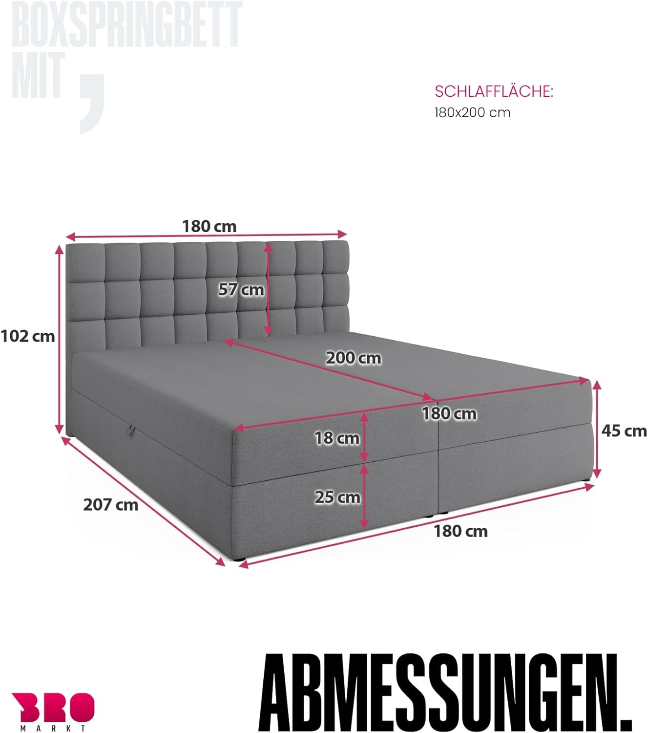 BROMARKT Boxspringbett mit Bettkasten Polsterbett mit Bonell-Matratze und Topper Bett für Schlafzimmer gepolstertes Kopfteil Dakota bonellfedern 180x200 Härtegrad H3 Grau Malmo
