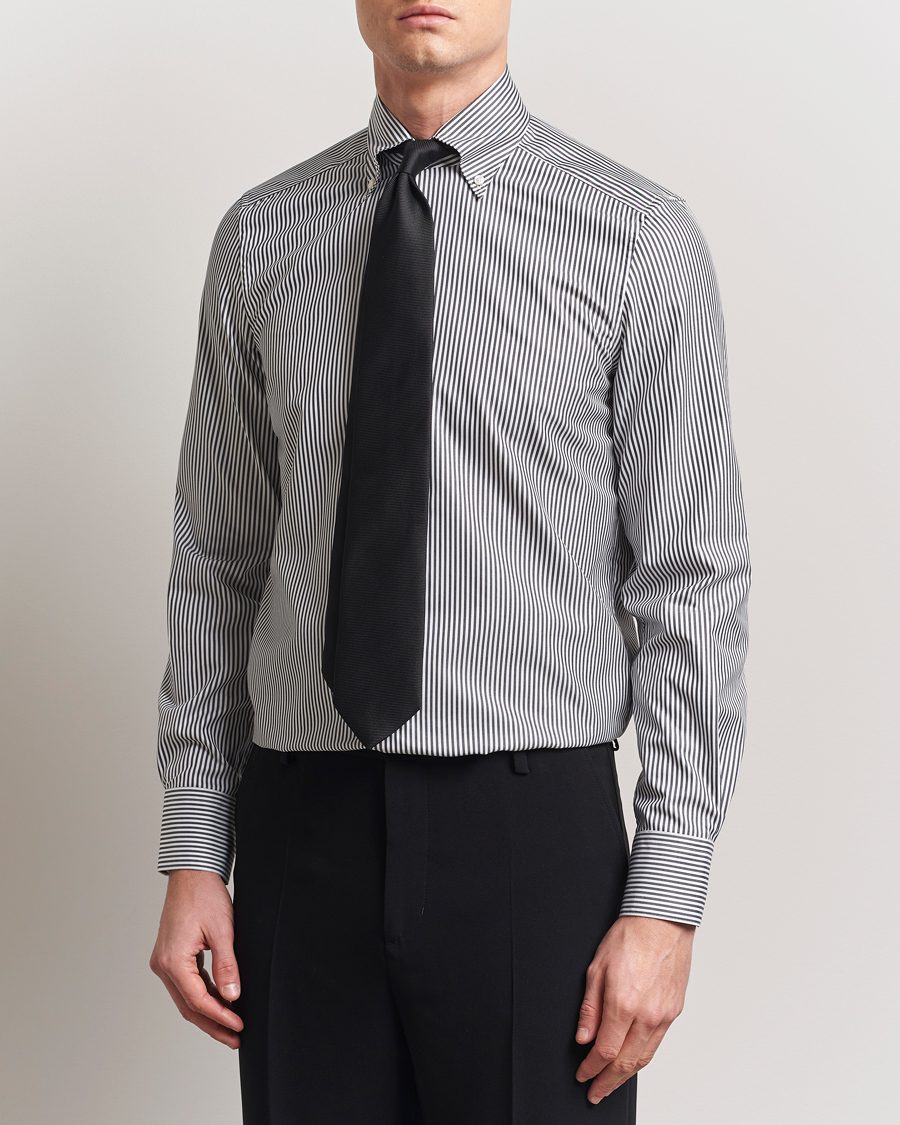 Stenströms 1899 Slimline Striped One Piece Button Down Collar Shirt Black