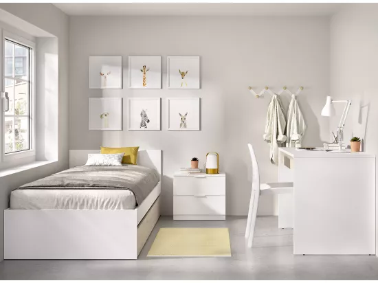 Ensemble de lit avec 1 tiroir 90x190 cm + table de nuit avec 2 tiroirs + meuble de bureau avec 1 tiroir pour enfant coloris blanc, chêne naturel