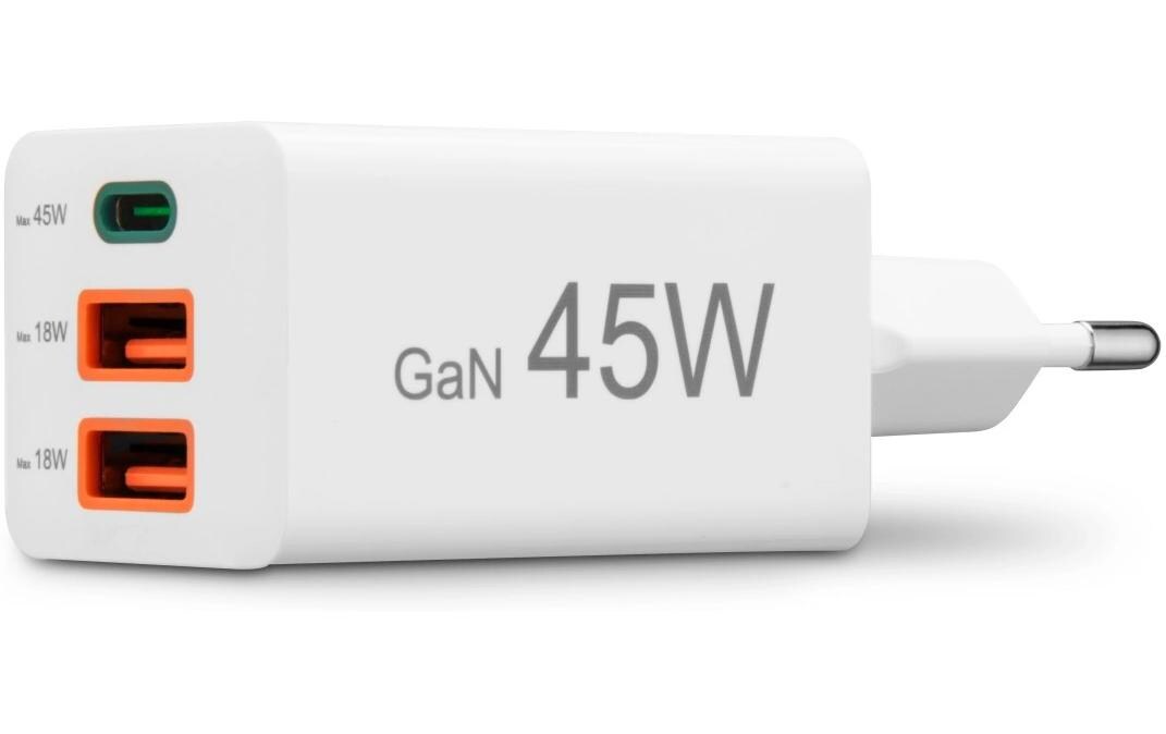 USB-Wandladegerät Gan charger 2x USB-A USB-C 45 W WeissSchnellladegerät mit 1x USB-C und 2x USB-A