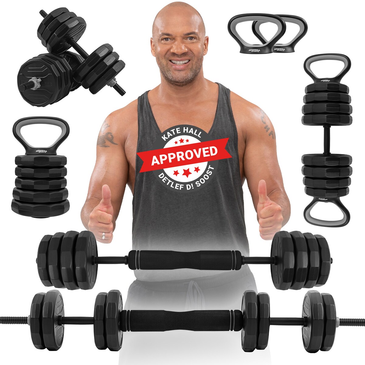 Miweba Sports 6in1-Hantelset, Kurzhanteln-Langhantel-Kettlebell, 25 kg, verstellbar, Sternverschluss