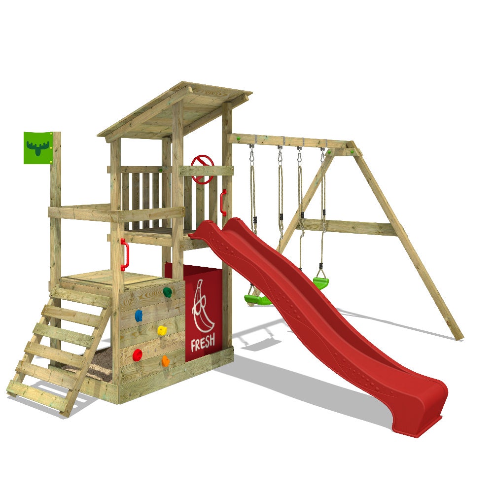 FATMOOSE FruityForest Speeltoren Klimrek met Schommel en Glijbaan, Klimtoren met Zandbak, Ladder en Speelaccessoires - Rood