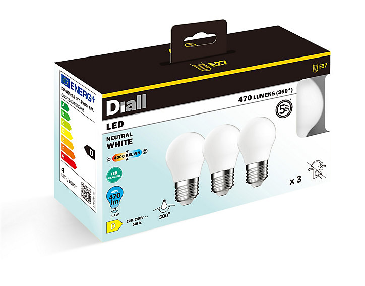 Lot 3 ampoules LED à filament mini globe E27 470lm 3.4W = 40W Ø4.5cm IPX4 Diall blanc neutre