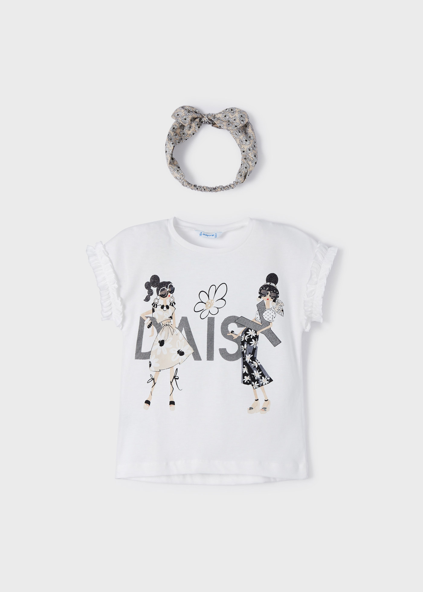 Conjunto de camiseta e faixa de cabelo em algodão sustentável para meninas.