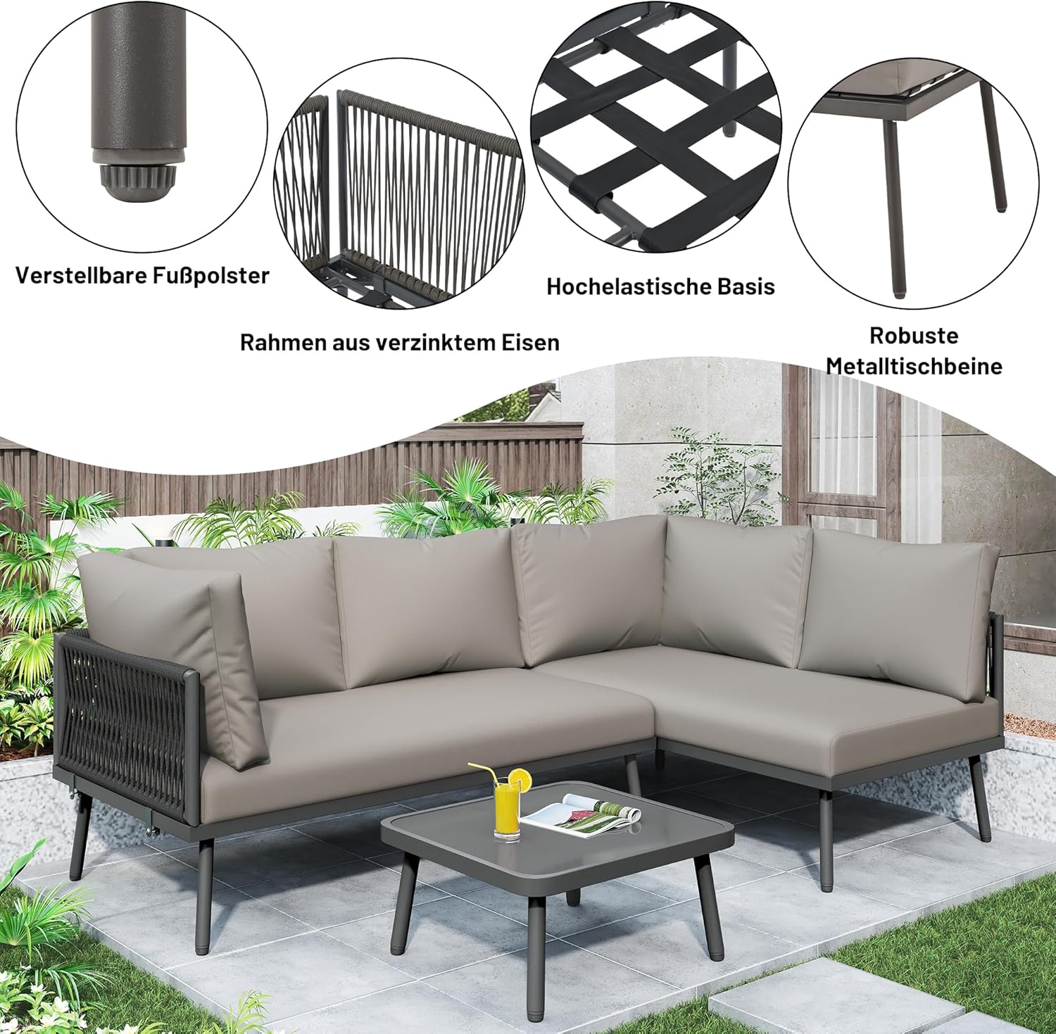 Merax Gartenmöbel Set, Balkonmöbel Gartenlounge Set für 6-8 Personen, Tisch & Kissen, U-förmiges Terrassenmöbel, Ecksofa-Set aus Eisen, Lounge Sitzgruppe, Outdoor, für Terrasse, Balkon, Garten, Grau