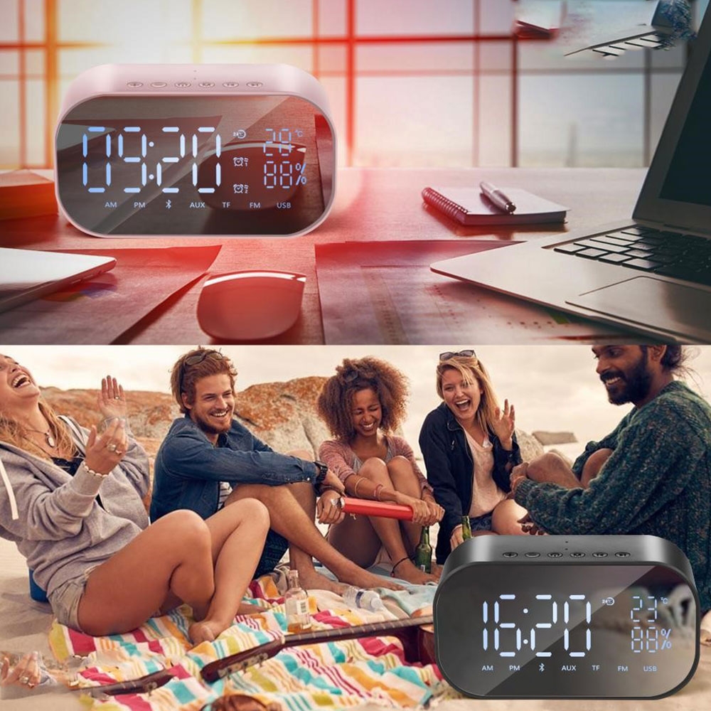 Bluetooth 4.2 Radio Wecker Lautsprecher mit Thermometer USB / Micro SD / Aux-In   2200mAh Akku   USB Ladeport - Rosa