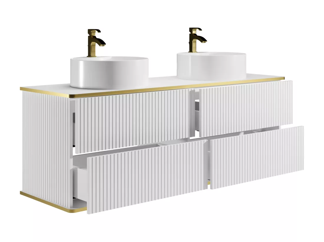 Meuble de salle de bain suspendu strié liseré doré avec double vasque à poser ronde - Blanc - 150 cm - KELIZA