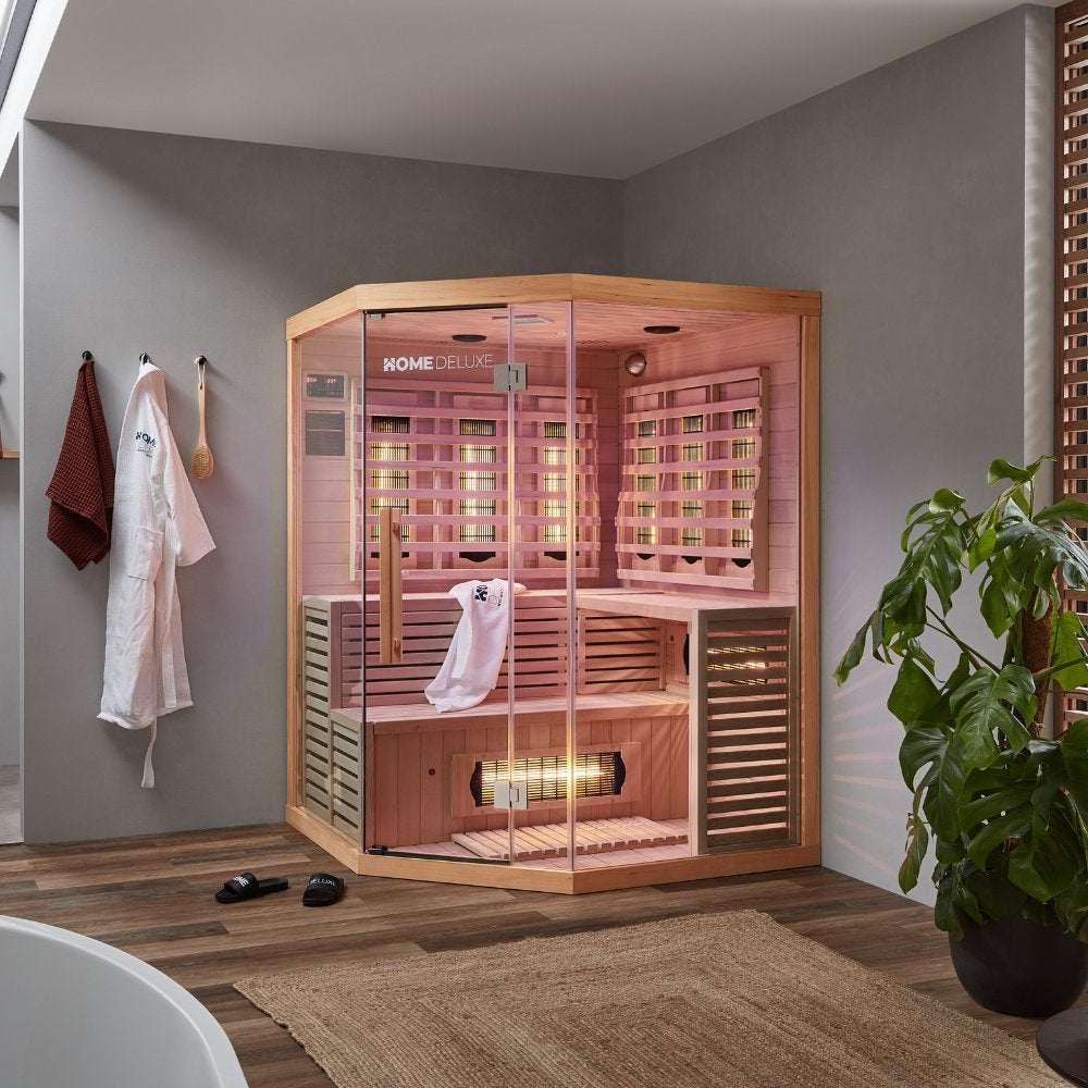 Home Deluxe – SAHARA XXL Infraroodcabine – 150 x 150 x 200 cm – voor 2-3 personen, 8 volspectrumstralers, hout: hemlock | Infraroodsauna, sauna, warmtecabine, infrarood